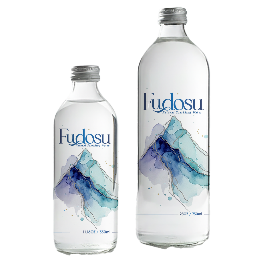 Fudosu natural sparkling water in 330 ml and 750 ml glass bottles