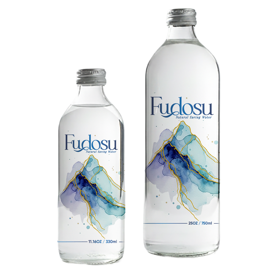 Fudosu natural spring water in 330 ml and 750 ml glass bottles
