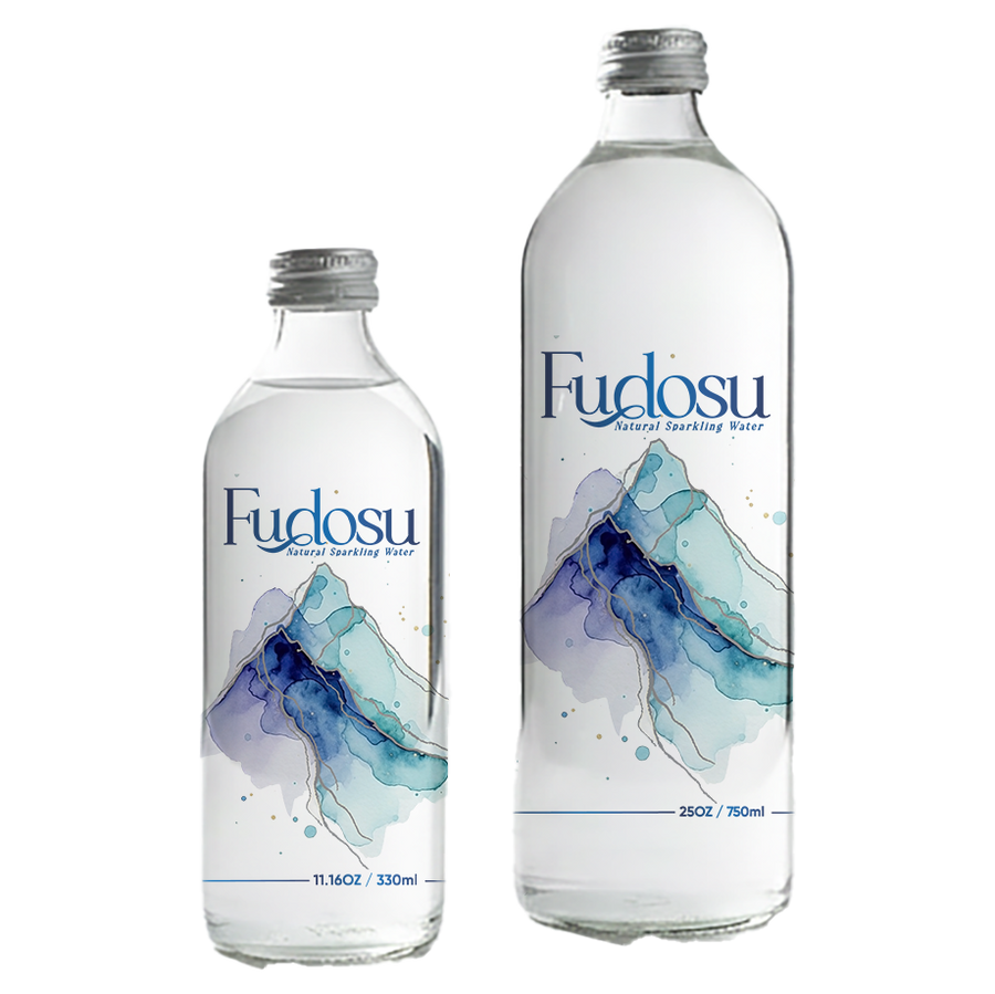 Fudosu natural sparkling water in 330 ml and 750 ml glass bottles