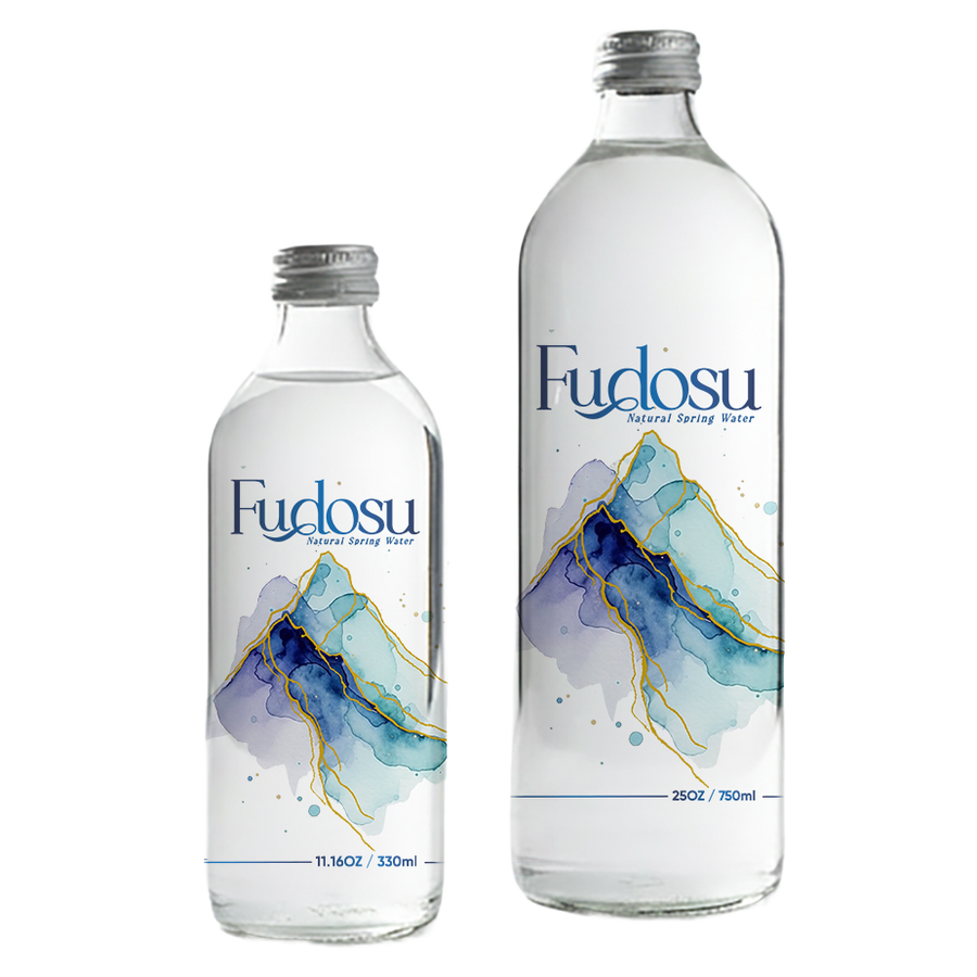Fudosu natural spring water in 330 ml and 750 ml glass bottles